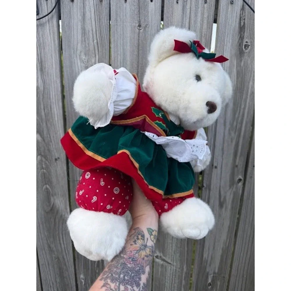 Vintage 1995 Santa's‎ Best White Teddy Bear Christmas Holiday Plush Velvet Dress